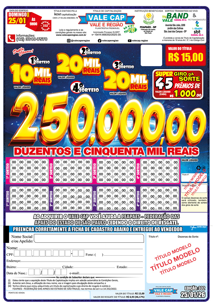 vale cap premiação para domingo Prêmio do vale cap